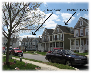 An example of residential mixed-use development with townhouses and detached homes.