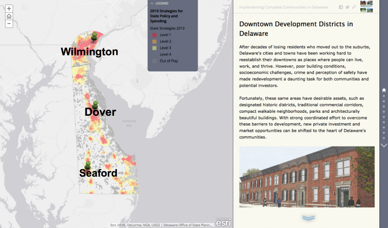 Screen shot of GIS Story Map featuring Downtown Development Districts