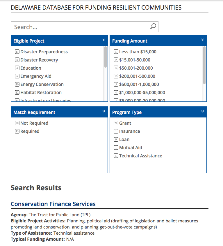 Screenshot of the Delaware Database for Funding Resilient Communities