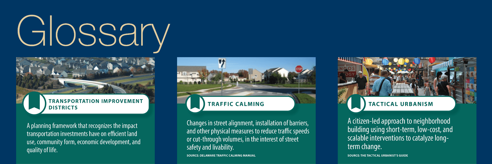 Trading cards feature terms and definitions related to planning for Complete Communities in Delaware.