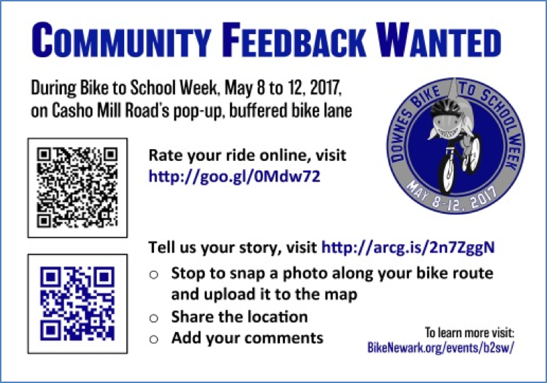 This postcard given to participants of Bike-to-School week, requested feedback through a survey and crowdsourced GIS story map.