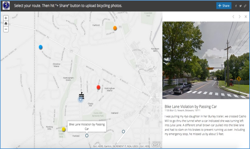 This screenshot of the crowdsourced GIS story map displays locations where users uploaded their photos and contributed feedback regarding the Casho Mill road bike lane.