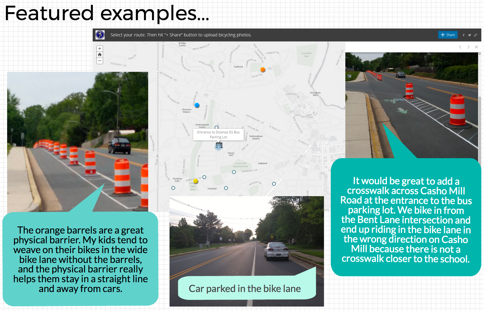 Screen capture of GIS Crowdsourcing Story Map Results: Casho Mill Road Pop-Up Bike Lane Demonstration Project Piktochart, showing examples of photos and comments provided by community members