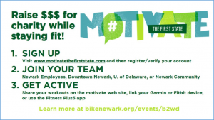 Advertisement for Motivate the First State, a campaign designed to inspire Delawareans to get active and make healthy activities count toward charity. 