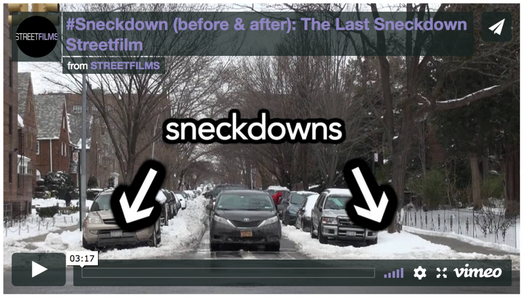 Screenshot of a video showing sneckdowns (areas that should be used for pedestrians but are currently in the snow. 