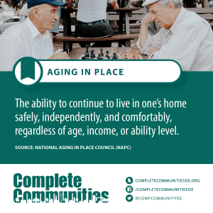 Aging in place: the ability to continue to live in one's home safely, independently, and comfortably, regardless of age, income, or ability level.