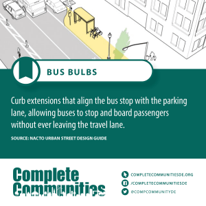 Bus bulbs: Curb extensions that align the bus stop with the parking lane, allowing buses to stop and board passengers without ever leaving the travel lane.