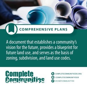 Comprehensive Plans: A document that establishes a community's vision for the future, provides a blueprint for future land use, and serves as the basis of zoning, subdivision, and land use codes.