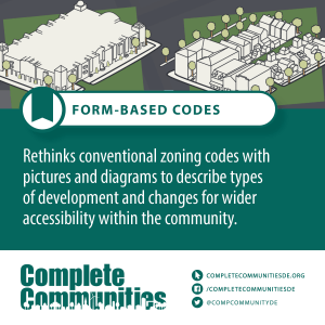 Form-based codes: rethinks convetional zoning codes with pictures and diagrams to describe types of development and changes for wider accessibility within the community.