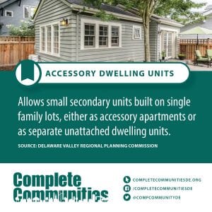Accessory Dwelling Units: Allows small secondary units built on single family lots, either as accessory apartments of as seperate unattached dwelling units.