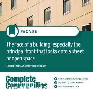 Facade: The face of a building, especially the principal front that looks onto a street or open space.