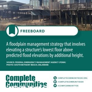 Freeboard: A floodplain management strategy that involves elevating a structure's lowerst floor above predicted flood elevations by additional height.