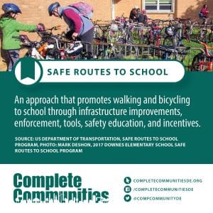 Safe Routes to School: An approach that promotes walking and bicycling to school through infrastructure improvements, enforcement, tools, safety education, and incentives.