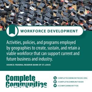 Workforce Development: Activities, policies, and programs employed by geographies to create, sustain, and retain a viable workforce that can support current and future business and industry.