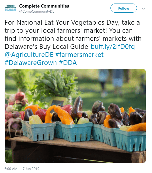 An image of a Complete Communities Twitter post about the Delaware Buy Local Guide