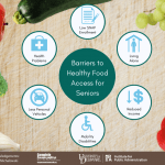 Infographic listing barriers to healthy food access for seniors. Barriers include low SNAP enrollment, living alone, reduced income, mobility disabilities, less personal vehicle access, and health problems