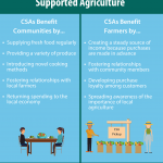 This is an infographic illustrating the benefits of community supported agriculture for communities and farmers. Benefits for the community include supplying fresh food regularly, providing a variety of produce, introducing novel cooking methods, fostering relationships with local farmers, and returning spending to the local economy. Benefits for farmers include creating a steady source of income because purchases are made in advance, fostering relationships with community members, developing purchasing loyalty among customers, and spreading awareness of the importance of local agriculture.