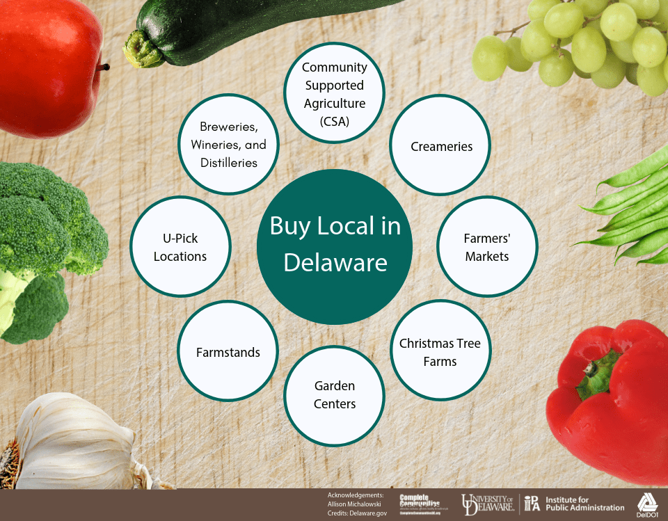 An infographic listing the types of organizations included in the Delaware Buy Local Guide. The Guide includes community supported agriculture, creameries, farmers' markets, breweries, wineries, distilleries, u-pick locations, farmstands, garden centers, and Christmas tree farms.