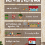 An infographic illustrating five common local food access sources. The sources include a local grocery store, a farmers' market, community supported agriculture, a community garden, and a healthy corner store.