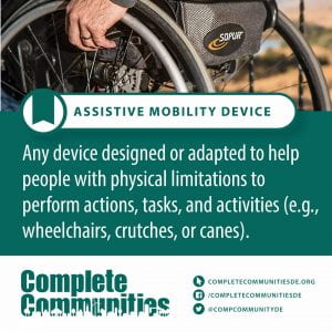 Assistive Mobility Device. Any device designed or adapted to help people with physical limitations to perform actions, tasks, and activities (e.g., wheelchairs, crutches, or canes).