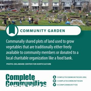 Community Garden. Communally shared plots of land used to grow vegetables that are traditionally either freely available to community members or donated to a local charitable organization like a food bank.