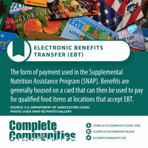 Electronic Benefits Transfer. The form of payment used in the Supplemental Nutrition Assistance Program (SNAP). Benefits are generally housed on a card that can then be used to pay for qualified food items at locations that accept EBT.