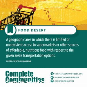 Food Desert. A geographic area in which there is limited or nonexistent access to supermarkets or other sources of affordable, nutritious food with respect to the given area’s transportation options.