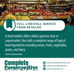 Full-Line\Full-Service Food Retailer. A food retailer, often called a grocery store or supermarket, that sells a complete range of typical food ingredients including meats, fruits, vegetables, grains, and dairy.