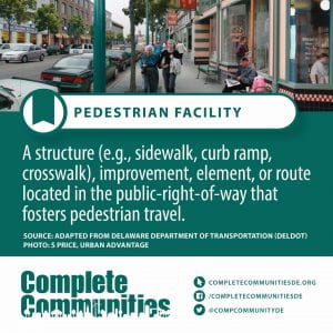 Pedestrian Facility. A structure (e.g., sidewalk, curb ramp, crosswalk), improvement, element, or route located in the public-right-of-way that fosters pedestrian travel.