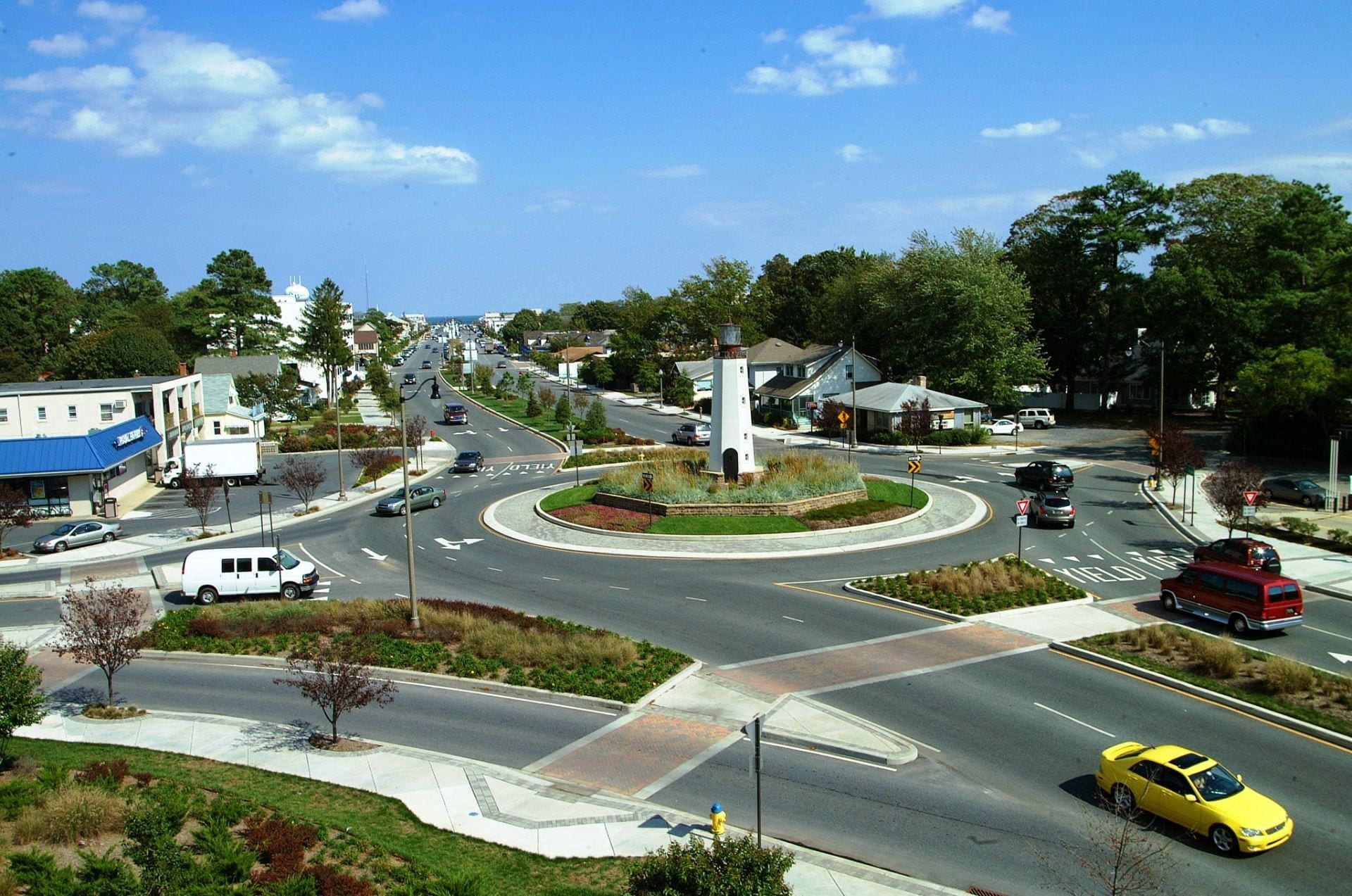 Aerial view of traffic circle in Lewes, Delaware